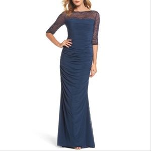 La Femme Beaded Mesh Ruched 3/4 Sleeve Stretch Jersey Gown